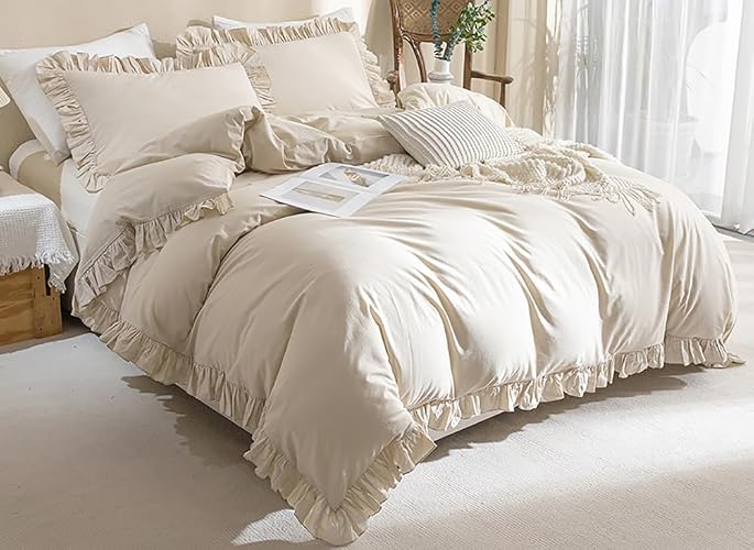 AShanlan Bettwäsche Rüschen 135x200 Beige Romantisch Bettwäsche-Sets 2tlg | Bettbezug 135x200 mit Kissenbezug 80x80 cm, 100% Weich Mikrofaser, ÖKO-TEX, Reißverschluss thumbnail 5