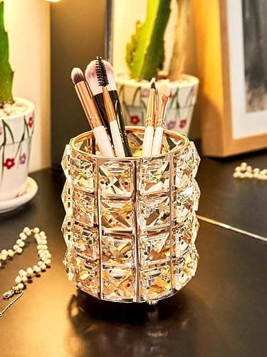 JOSALINAS Golden Crystal Makeup Brushes Holder Organizer for Cosmetics Comb Brushes, Eyebrow Pen Pencil Storage Case Container, Golden thumbnail 7