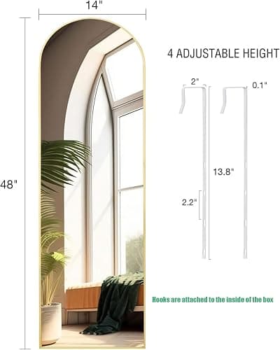 KOMCOTE Full Length Mirror 48x14 Inches - Over The Door Hanging Mirror for Bedroom, Living Room, Closet - Arch Floor Mirror, Door Mirror with Gold Frame - No Drill Easy Install thumbnail 2