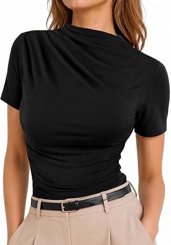 Avanova Women Ruched Mock Neck Tops Business Casual Shirts | Short Sleeve, Side Ruched, Business, Work, Meetings, Office, Slim Fitted, Soft Stretch, Flattering, Trendy - Image 1