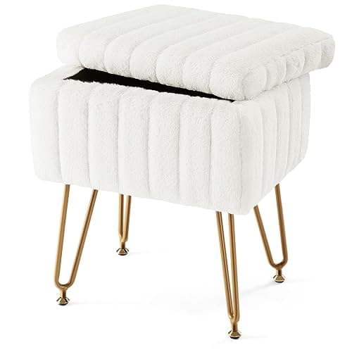 Sweetcrispy Vanity Stool Chair with Storage, Off-White Makeup Chair | 18.9”H x 16”L x 12.2”W Ottoman Chair Faux Soft Padded Footstools Seat with 4 Metal Legs Anti-Slip Adjustable Feet, Off-White - Image 1