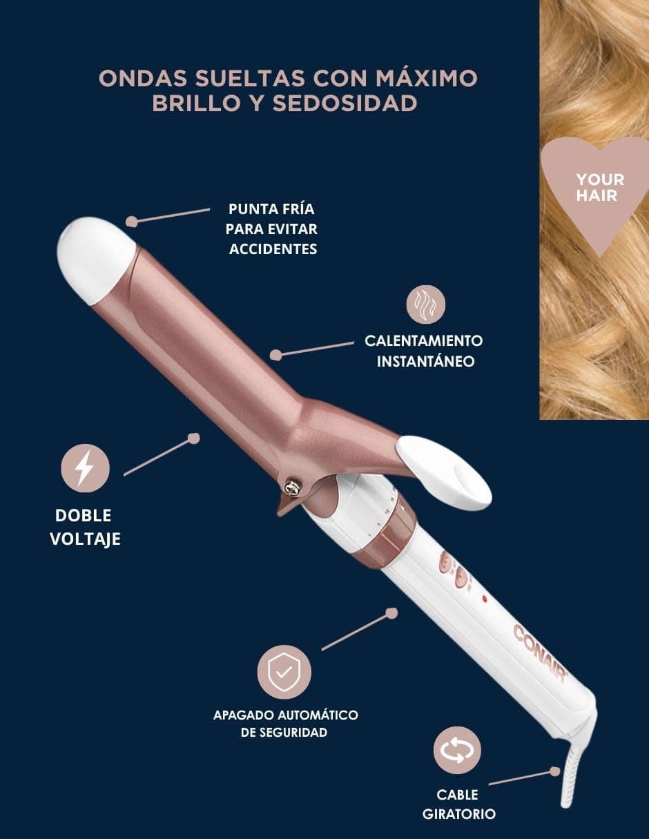 Conair Tenaza con tecnologia de doble ceramica con barril de 1 1/4" cd702gnes Blanco/Rose Gold, 0.38 kilograms, 1 unidad thumbnail 7