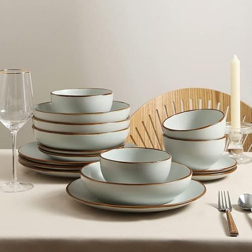 Stone Lain Brasa Stoneware 16 Piece Modern Dinnerware Set, Plates and Bowls, Service for 4, Light Green, Microwave & Dishwasher Safe thumbnail 2