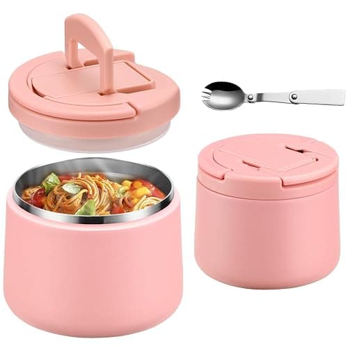 14oz Insulated Vacuum Food Jar with Buckle Lid,Soup Thermo for Hot Food Kids,Wide Mouth Leakproof Stainless Steel Lunch Container with Spoon-Pink - Image 1