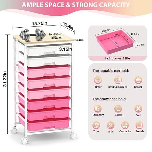 Goovilla Rolling Cart with Drawers, Utility Cart Organizer With 8 Removable Drawers and Wooden Tabletop, Lockable Rolling Storage Organizer for Art, Classroom, Home, Dorm, Office, Craft Storage, Pink thumbnail 2