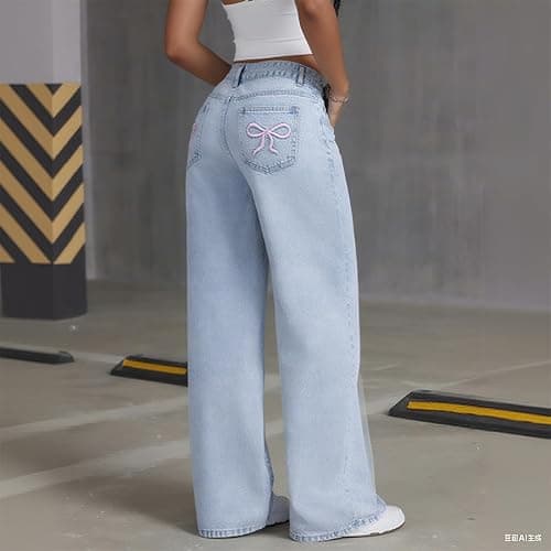 Girls High Wasited Jeans Wide Leg Straight Y2K Solid Baggy Denim Pants Cute Loose Fit Denim Trousers thumbnail 6
