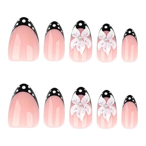 XZMeiLun 3D Pink Flower Black Polka Dot French Tips Press On Nails Short Almond, Acrylic Fake Nails. Salon-Quality Reusable Stick-Ons, Spring Summer Nails for Parties & Daily Wear | Women & Girls thumbnail 2