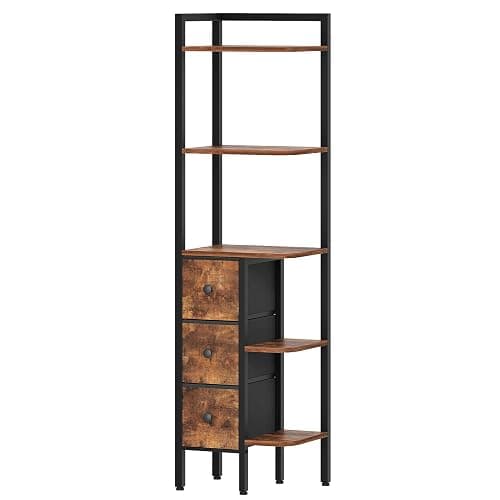 YATINEY Corner Shelf Stand, 5-Tier Corner Bookshelf with 3 Drawers, Industrial Display Shelf for Narrow Spaces, Wooden Small Bookcase, Easy Assembly, Rustic Brown and Black CJ10BR thumbnail 8