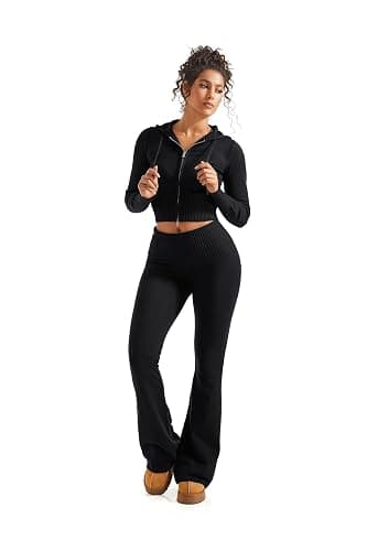 SUUKSESS Women 2 Piece Knit Sets Cropped Zip Up Hoodie Foldover Flare Leg Pants thumbnail 2