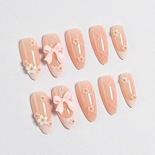 Flower Press on Nails Acrylic French Fake Nails Almond Full Cover False Nail Tips Medium Nails Pink Bow Handmade Nail Reformation for Women and Girls 24PCS thumbnail 3