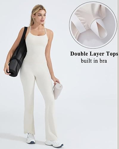 OMKAGI 2 Piece Workout Sets for Women Padded Tank Tops Flare Leggings Pilates Outfits thumbnail 3