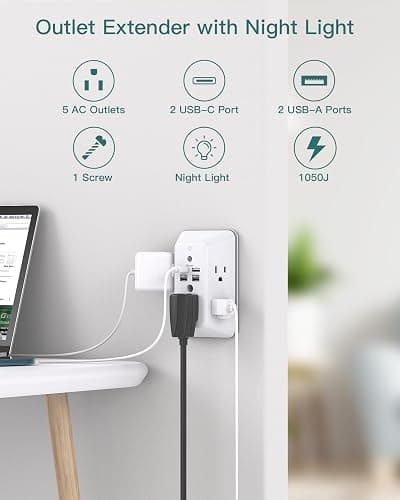 Surge Protector, Outlet Extender with Night Light, Addtam 5-Outlet Splitter and 4 USB Ports(PD 20W), Multi Plug Wall Outlet Power Strip for Home Office Dorm Room Essentials thumbnail 2
