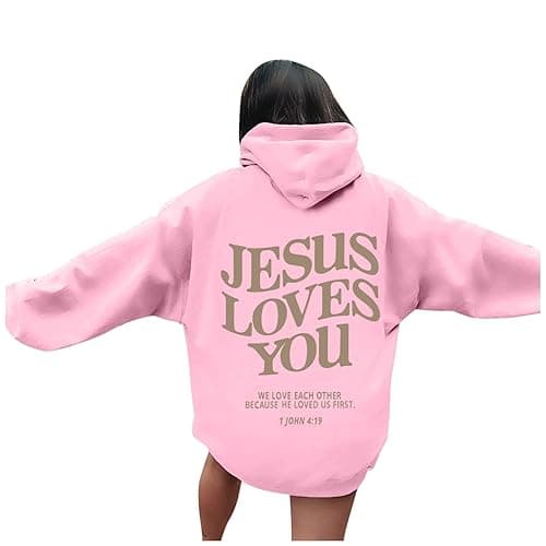 Jesus Loves You Hoodie Christian Hoodies for Women Jesus Pullover Tops Comfy Casual Streetwear Clothes with Pocket - B - Pink - X-Large thumbnail 5