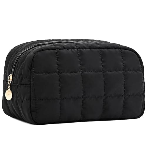 Makeup Bag, Quilted Puffy Travel Toiletry Bag with Compartments, Wide-Open Cosmetic Bag for Women, Pouch Purse Organizer, Black - Image 1