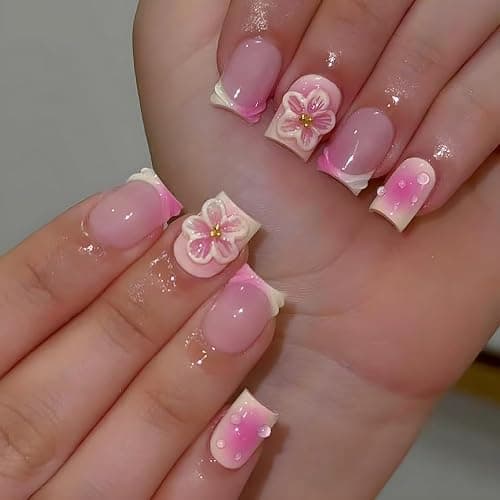 Square Press on Nails Short French Tip Fake Nails with Design 3D Flower Acrylic Nails Gradient Pink Glue on Nails Summer Nails Cute False Nails Coffin Artificial Stick on Nails for Women DIY 24Pcs - Image 1