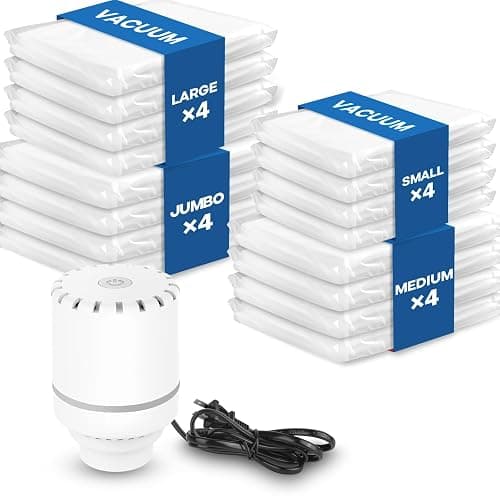 Sacchetti sottovuoto per abiti con pompa elettrica inclusa, confezione da 16 pezzi (4 Jumbo, 4 grandi, 4 medi, 4 piccoli), per coperte, materassi, cuscini, biancheria da letto, viaggi e traslochi - Image 1