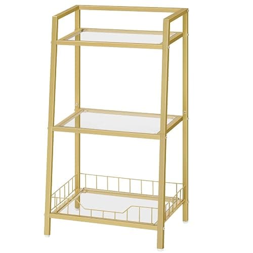 HOOBRO Gold Glass Shelf Stand, 3 Tier Standing Shelf Unit, Bathroom Organizer and Storage, Floor Storage Shelves Waterproof, for Bathroom, Laundry, Toilet, Tempered Glass, Gold GD77CJ01 - Image 1