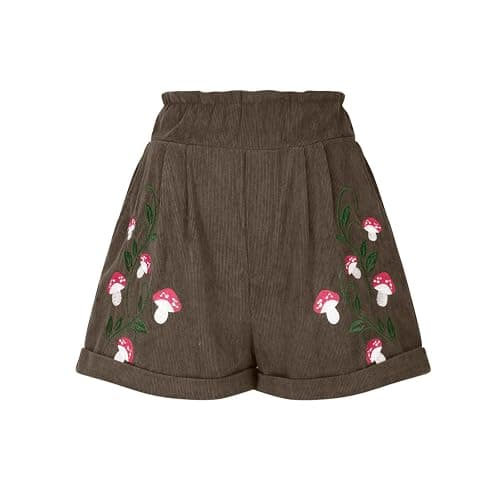 Corduroy Shorts for Women Mushroom Embroidery Cottagecore Clothing Summer Casual Elastic Paperbag Waist Sweat Shorts - Image 1