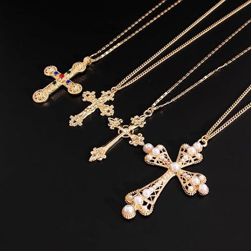 Cross Pendant Necklace Set for Women Punk Grunge Imitation Pearl Cross Layered Chain Necklace Statement Y2K Jewelry thumbnail 5