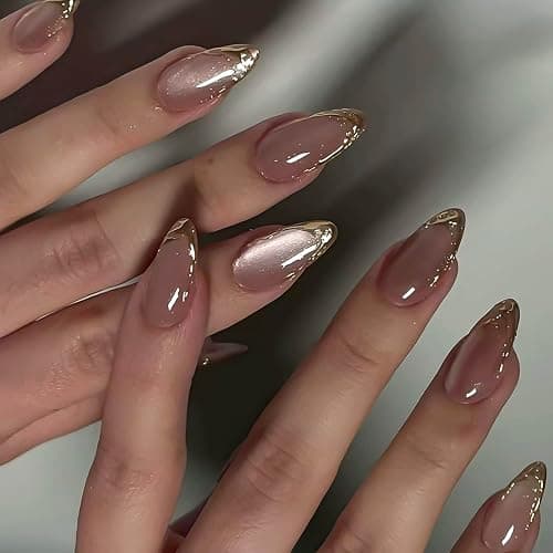 KQueenest Glitter Pink French Tip Press On Nails Almond, 30 Pcs Cat Eye Press On Nails with Gold Swirls, Bling Sparkly Fake Nails With Glue, Luxury Reusable Stick on Nail for Women Gift - Image 1