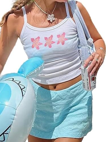 Women Y2k Hibiscus Beachy Tank Tops Summer Floral Graphic Cropped Shirts Cute Spaghetti Strap Ribbed Fitted Camisole thumbnail 4