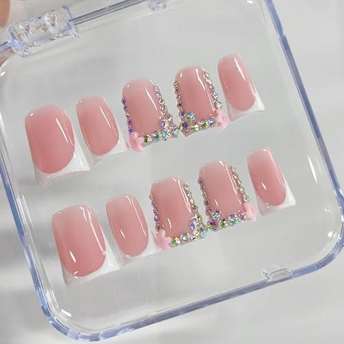 Handmade Press on Nails Short Duck White French Tip Thick Acrylic Fake Nails 3D Floral False Nails with Rhinestones Pink Flower Designs Elegant Sturdy Nail Art Press on Nails 10Pcs(S) thumbnail 5
