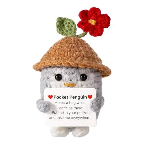 Funny Positive Penguin, 3.94 Inch Cute Knitted Penguin Toy with Card Positive Life Potato Creative Crochet Positive Penguin Plush Doll Wearing Hat for Families Friends Encouragement Gift - Image 1