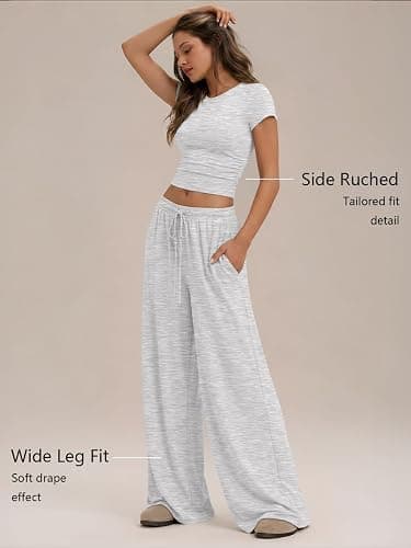 Trendy Queen 2 Piece Matching Summer Lounge Set Womens Side Ruching Top Wide Leg Pants Sets with Pockets thumbnail 3