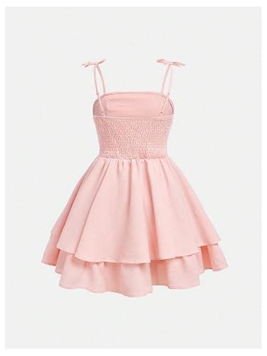 SHENHE Girl's Smocked Ruched A Line Swing Dress Layered Tie Shoulder Flowy Cami Short Dress thumbnail 2