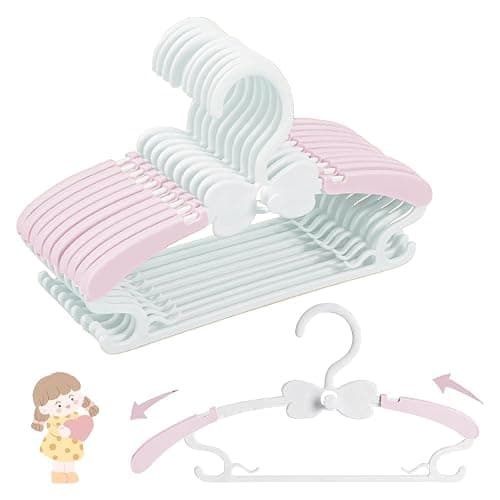WJWSKI Baby Hangers for Closet 20pcs, Pink Kids Clothes Hanger Plastic, 11-14.5" Adjustable Perchas for Child Dresses, Non-Slip Children Bow Hanger for Girl Toddler Infant Nursery Newborn Clothing - Image 1