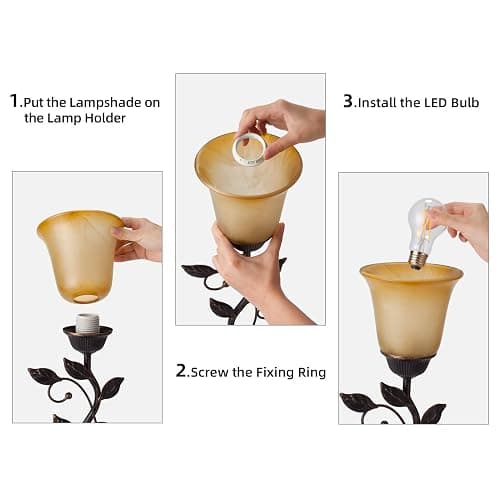 Touch Control Leaf Vintage Table Lamp with 3-Way Dimmable 2 USB C+A Ports | Bedside Nightstand Lamps, Amber Glass Shade Rural Leaf Lamp for Living Room Bedroom Dresser Home Decor, LED Bulb Included thumbnail 5