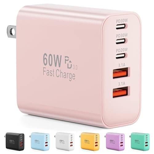 USB C Charger Block, 60W 5-Port Type C Charger Fast Charging Block, USBC USB Multiple Port Wall Charger Plug Adapter for iPhone 17/Air/16/15/14/13/12/11 Pro Max, Samsung Galaxy, iPad, Tablet (Pink) - Image 1