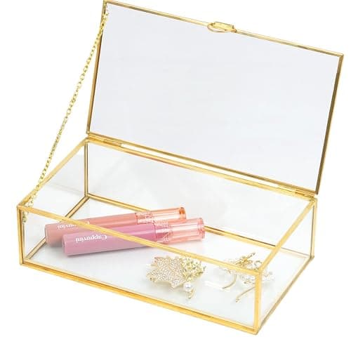 ZEXALOR Clear Glass Decorative Box for Organizing Photos, Jewelry, Small Items - Golden Dresser Drawer Organizer, Transparant Small Storage Bin Container with Lid (Upgrade, 8x4,3x2,3") thumbnail 7