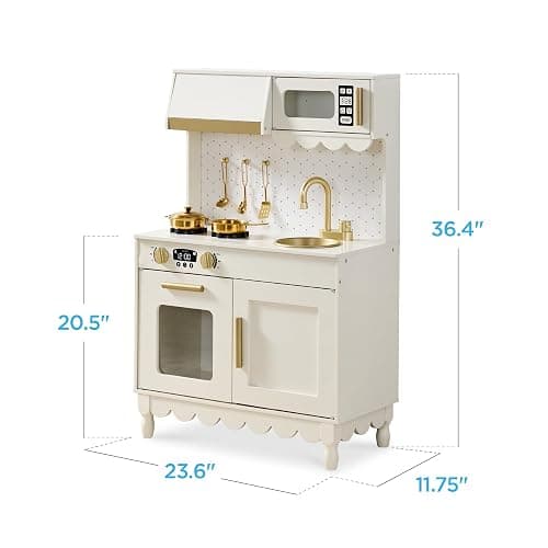 Best Choice Products Wooden Pretend Play Cottage Kitchen Kids Toy w/Storage, Scalloped Edge, 5 Accessories, Microwave, Oven, Clicking Knobs - Cream thumbnail 2