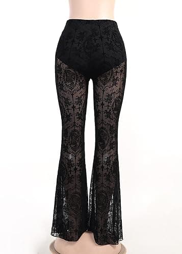 Womens Mesh Pants High Waisted Lace Bell Bottom Elastic Waist Summer Pants Wide Leg Trousers - Small - 4-black thumbnail 5