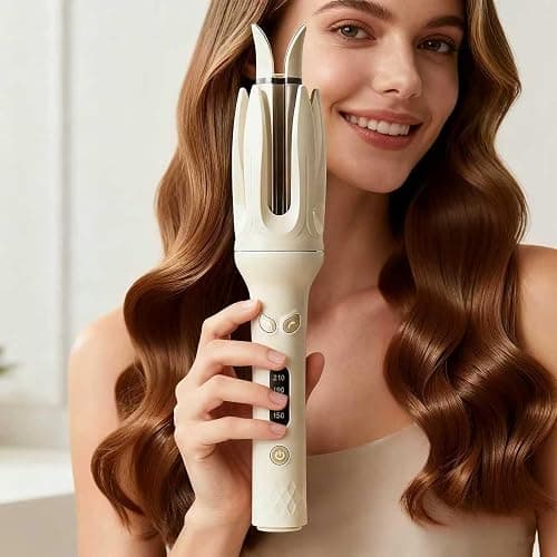Professional Automatic Hair Curling Iron, 4 Temperature Settings, Ceramic Rotating Wand with Negative Ion Technology (Off-White) - Image 1
