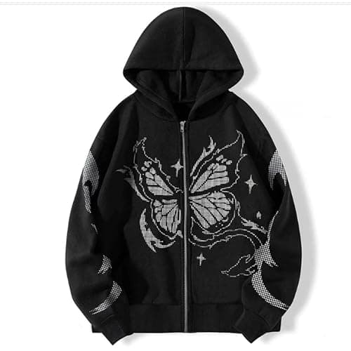 POHADON Y2k Vintage Zip Up Hoodie for Women Oversized Butterfly Graphic Long Sleeve Hooded Aesthetic Sweatshirt Jacket - Image 1