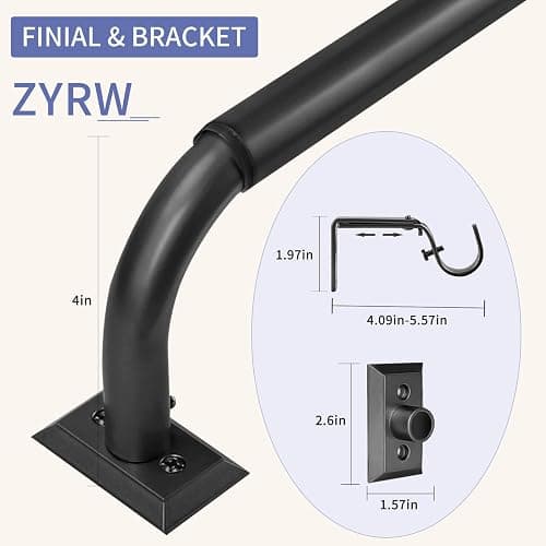 ZYRW Black Curtain Rods, Room Darkening Curtain Rod for Windows 66 to 120 Inches(5.5-10Ft), Wrap Around Rods, Adjustable Heavy Duty Blackout Drapery Rod, Window Treatment, Matte Black thumbnail 2
