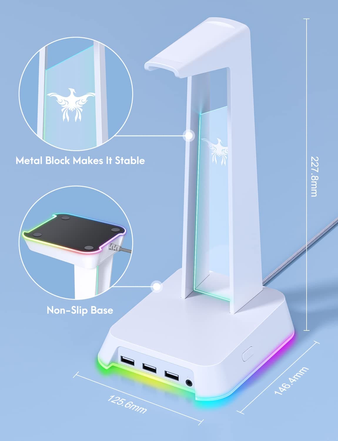 PHNIXGAM - Soporte para auriculares RGB con 3,5 mm AUX y 3 puertos USB 2.0, soporte universal para auriculares para juegos de computadora y juegos (blanco) - Blanco thumbnail 5