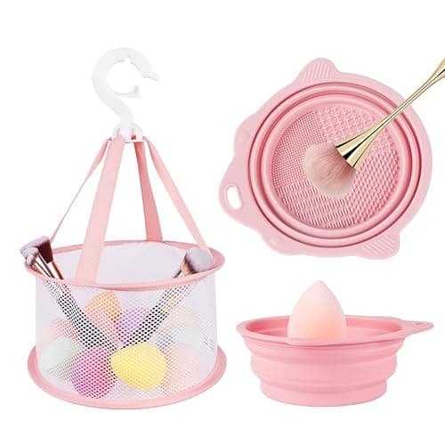 AUAUY Makeup Brush Cleaning Mat & Hanging Drying Net, Foldable Makeup Brush Cleaner, Silicone Brush Cleaning Bowl With Mesh Drying Rack Basket to Dry Makeup Sponge, Powder Puff, Brush(Pink) - Image 1