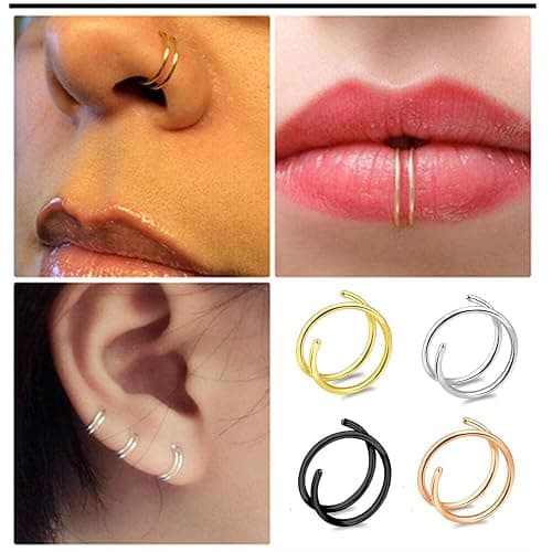 Renkovte Double Nose Ring for Single Piercing,20G Snug Spiral Nose Rings Hoops 8mm Thin Nose Piercing Jewelry for Women thumbnail 2