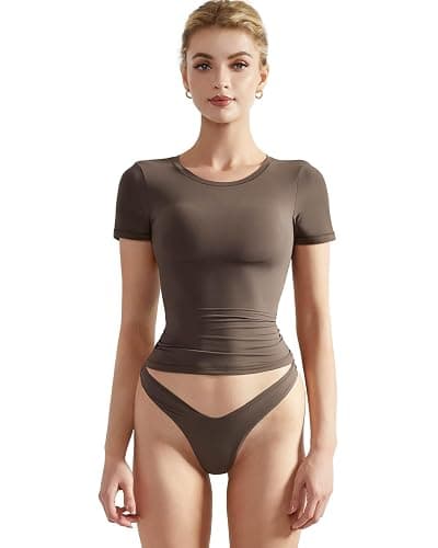 SUUKSESS Women Double Lined Fitted Basic Tee Crew Neck Short Sleeve Y2K Crop Top - Image 1