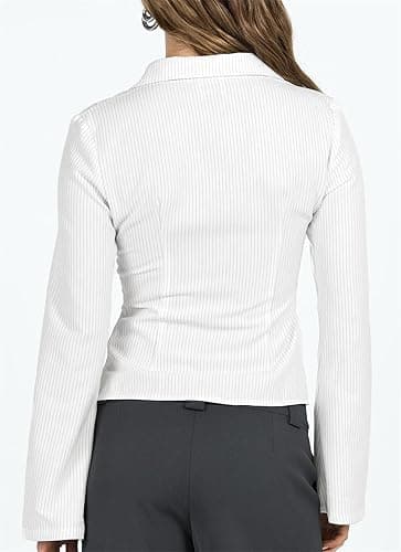 ECHOINE Women Button Down Shirts Long Sleeves Slim Fitted Casual Collared Blouses Work Striped Tops thumbnail 3