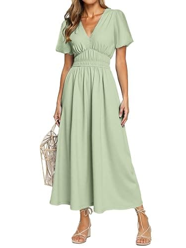 Simplee Women's Summer Flowy Midi Dress Casual V Neck Short Sleeve Empire Waist Boho Beach Wedding Guest Dresses - Image 1