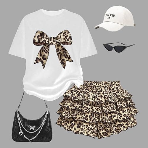 xueteox Summer Outfits for Girl 2 Piece, Bow Graphic Tees and Leopard Short Skirt Fashion Casual Clothing thumbnail 6