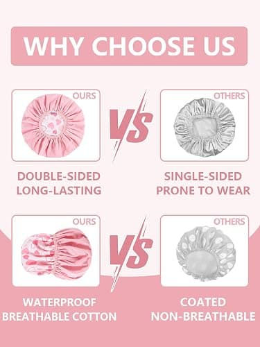 Years Calm Shower Caps For Women Reusable Waterproof，Pattern And Solid Color Dual-Layer Design For Dual-Layer Usable，Protects Hair In Shower, Spa, Cooking, Clean & Travel (Pink, One Size) thumbnail 4