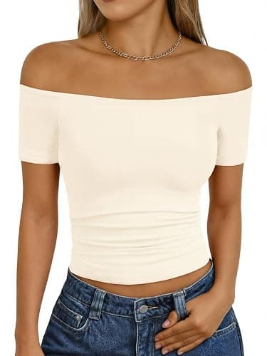 Trendy Queen Summer Off The Shoulder Tops for Women Going Out Short Sleeve Shirts Cute Y2K Sexy Basic Clothes 2026 Fashion - Image 1