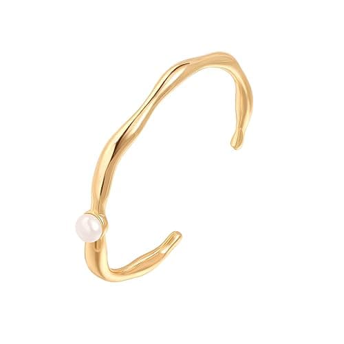 PERNNLA PEARL Dainty Gold Bar Bracelet for Women Simple Delicate Thin Cuff Bangle Hook Bracelet 18K Gold Plated Handmade Minimalist Jewelry - Image 1