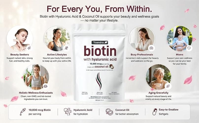 Biotin 10,000mcg Softgels with Hyaluronic Acid, Biotin for Hair Growth Supplement, Biotin Gummies for Hair Skin and Nails Vitamins, Chewable Non-GMO Biotine, 365 Softgels Made with Coconut Oil (1 Pack) thumbnail 6