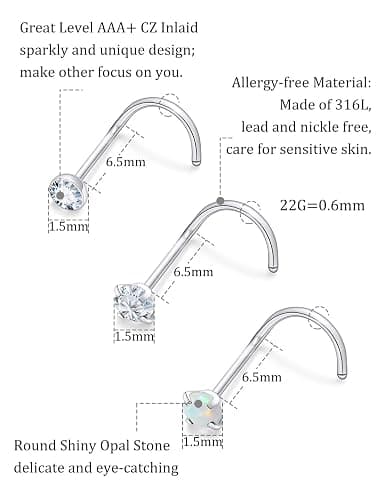 Uzgtvy 18G 20G 22G Opal Nose Rings Studs Surgical Steel Nose Nostril Piercing Jewelry for Women Men Opal CZ Size 1.5mm 2mm thumbnail 2
